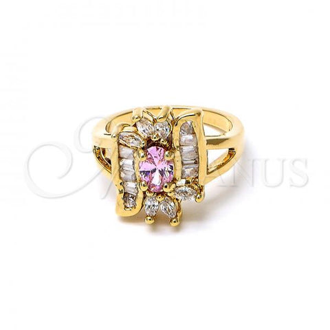 Oro Laminado Multi Stone Ring, Gold Filled Style Baguette and Cluster Design, with Rhodolite and White Cubic Zirconia, Polished, Golden Finish, 5.170.003.09 (Size 9)