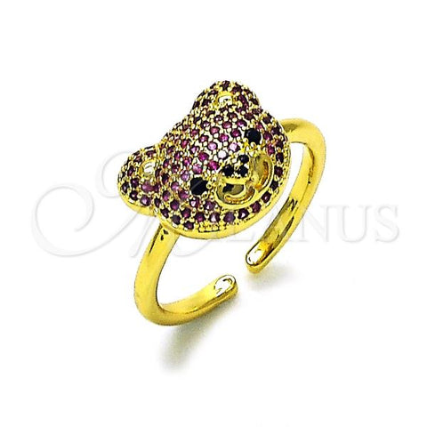Oro Laminado Multi Stone Ring, Gold Filled Style Teddy Bear Design, with Ruby and Black Micro Pave, Polished, Golden Finish, 01.368.0019.2
