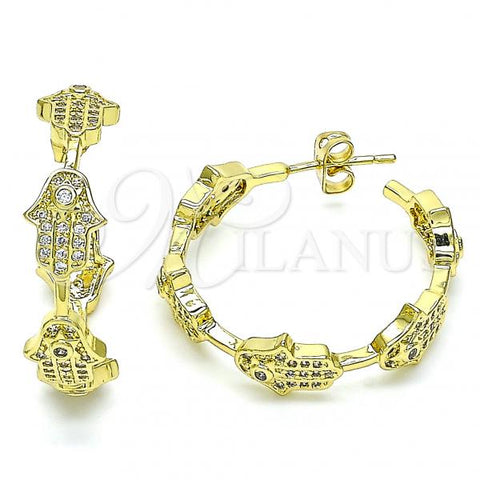 Oro Laminado Stud Earring, Gold Filled Style Hand of God Design, with White Micro Pave, Polished, Golden Finish, 02.341.0094