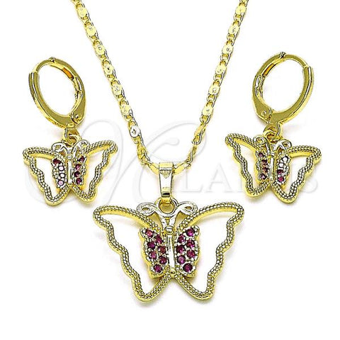 Oro Laminado Earring and Pendant Adult Set, Gold Filled Style Butterfly Design, with Ruby Micro Pave, Polished, Golden Finish, 10.196.0119