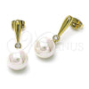 Oro Laminado Dangle Earring, Gold Filled Style Ball Design, with Ivory Pearl and White Cubic Zirconia, Polished, Golden Finish, 02.213.0726