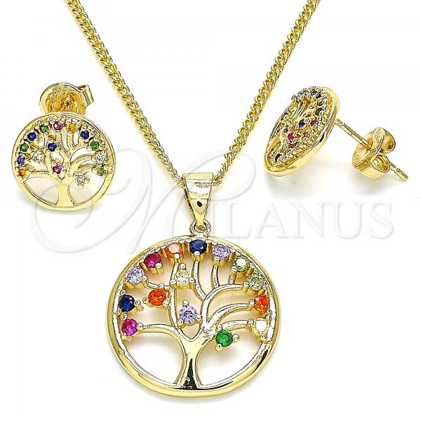 Oro Laminado Earring and Pendant Adult Set, Gold Filled Style Tree Design, with Multicolor Micro Pave, Polished, Golden Finish, 10.156.0255.1