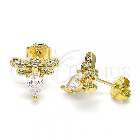 Oro Laminado Stud Earring, Gold Filled Style Bee Design, with White Cubic Zirconia and White Micro Pave, Polished, Golden Finish, 02.156.0613