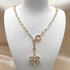 Oro Laminado Fancy Necklace, Gold Filled Style Flower and Rolo Design, with White Cubic Zirconia, Polished, Golden Finish, 04.63.1443.20