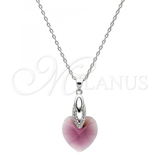 Rhodium Plated Pendant Necklace, Heart Design, with Amethyst Swarovski Crystals and White Micro Pave, Polished, Rhodium Finish, 04.63.1330.1.16