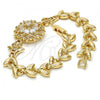 Oro Laminado Fancy Bracelet, Gold Filled Style Flower and Leaf Design, with White Cubic Zirconia, Polished, Golden Finish, 03.210.0041.08
