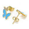 Oro Laminado Stud Earring, Gold Filled Style Butterfly Design, with White Micro Pave, Blue Enamel Finish, Golden Finish, 02.213.0178