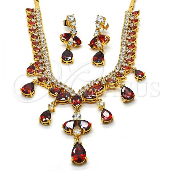 Oro Laminado Necklace and Earring, Gold Filled Style Teardrop Design, with Garnet and White Cubic Zirconia, Polished, Golden Finish, 06.221.0005.1