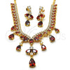 Oro Laminado Necklace and Earring, Gold Filled Style Teardrop Design, with Garnet and White Cubic Zirconia, Polished, Golden Finish, 06.221.0005.1