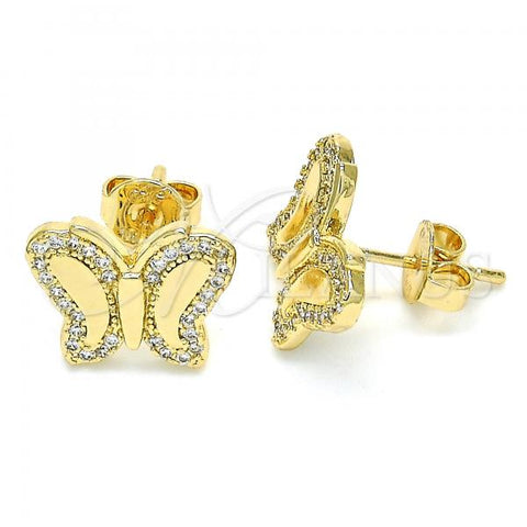 Oro Laminado Stud Earring, Gold Filled Style Butterfly Design, with White Micro Pave, Polished, Golden Finish, 02.156.0328