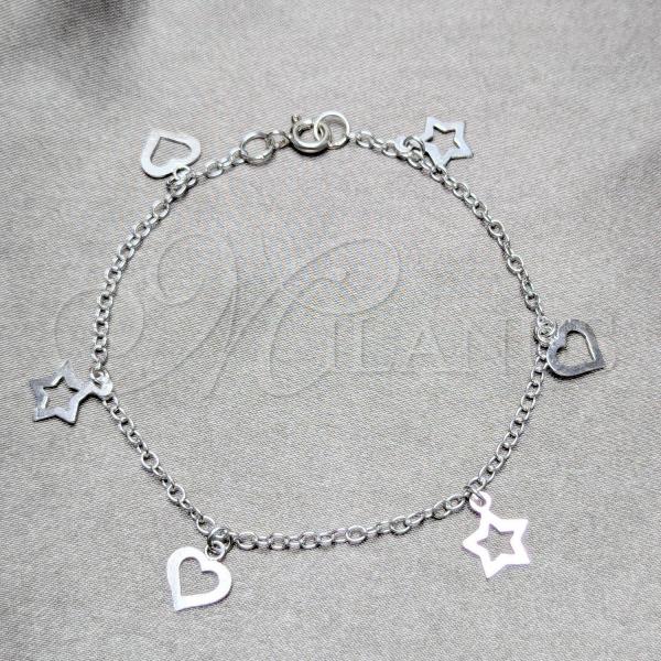 Sterling Silver Charm Bracelet, Star and Heart Design, Polished, Silver Finish, 03.409.0169.07