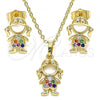 Oro Laminado Earring and Pendant Adult Set, Gold Filled Style Little Girl Design, with Multicolor Micro Pave, Polished, Golden Finish, 10.210.0151.1