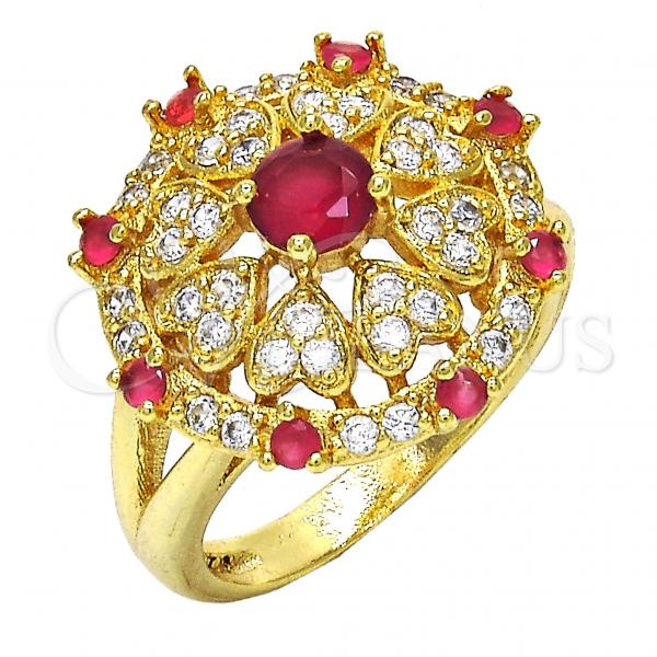 Oro Laminado Multi Stone Ring, Gold Filled Style Heart Design, with Ruby and White Cubic Zirconia, Polished, Golden Finish, 01.266.0022.2.08 (Size 8)