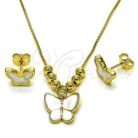 Oro Laminado Earring and Pendant Adult Set, Gold Filled Style Butterfly and Ball Design, White Enamel Finish, Golden Finish, 10.341.0021