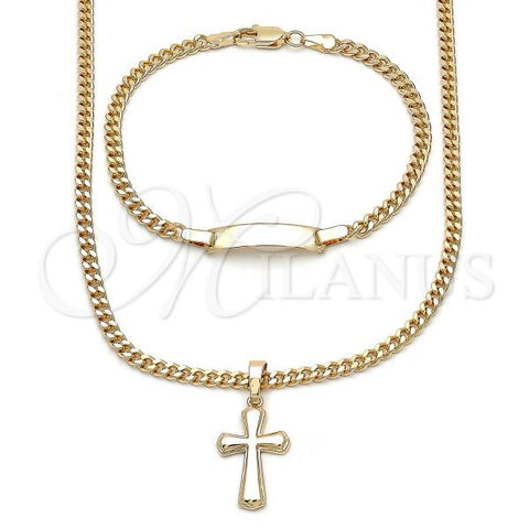 Oro Laminado Necklace and Bracelet, Gold Filled Style Cross and Miami Cuban Design, Polished, Golden Finish, 06.63.0277