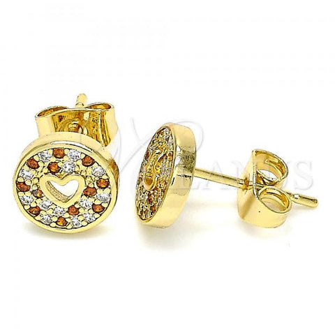 Oro Laminado Stud Earring, Gold Filled Style Heart Design, with Garnet and White Micro Pave, Polished, Golden Finish, 02.344.0070.1