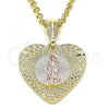 Oro Laminado Fancy Pendant, Gold Filled Style Heart and Guadalupe Design, Diamond Cutting Finish, Tricolor, 05.351.0081.1