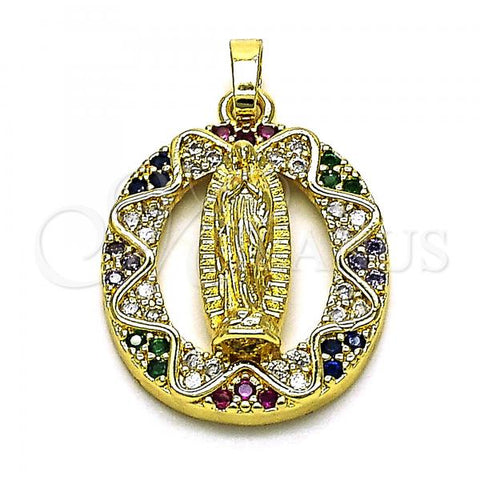 Oro Laminado Religious Pendant, Gold Filled Style Guadalupe Design, with Multicolor Micro Pave, Polished, Golden Finish, 05.284.0005