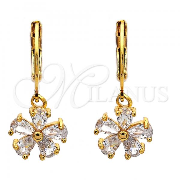 Oro Laminado Dangle Earring, Gold Filled Style Flower Design, with White Cubic Zirconia, Polished, Golden Finish, 02.217.0059