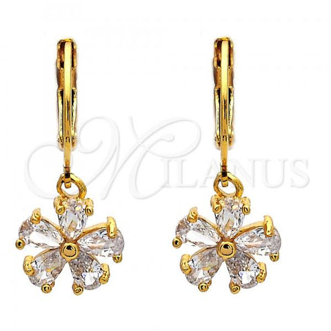 Oro Laminado Dangle Earring, Gold Filled Style Flower Design, with White Cubic Zirconia, Polished, Golden Finish, 02.217.0059