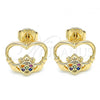 Oro Laminado Stud Earring, Gold Filled Style Heart Design, with Multicolor Micro Pave, Polished, Golden Finish, 02.156.0442.3