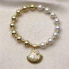 Oro Laminado Fancy Bracelet, Gold Filled Style Expandable Bead and Shell Design, with Ivory Pearl and White Cubic Zirconia, White Enamel Finish, Golden Finish, 03.341.2294.07