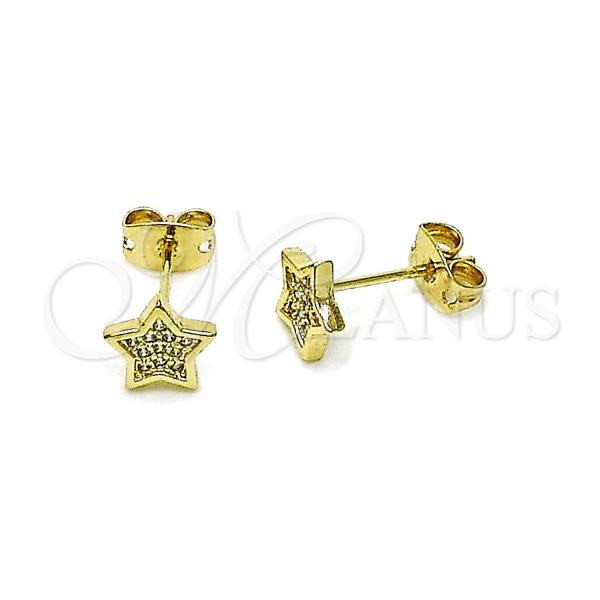 Oro Laminado Stud Earring, Gold Filled Style Star Design, with White Micro Pave, Polished, Golden Finish, 02.411.0076