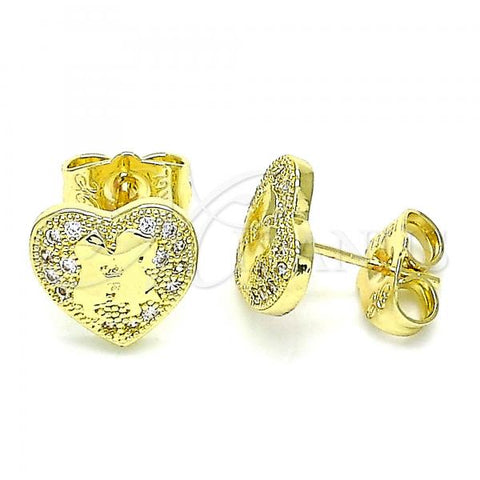 Oro Laminado Stud Earring, Gold Filled Style Heart Design, with White Micro Pave, Polished, Golden Finish, 02.199.0034