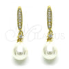 Oro Laminado Long Earring, Gold Filled Style Teardrop Design, with Ivory Pearl and White Cubic Zirconia, Polished, Golden Finish, 02.387.0111