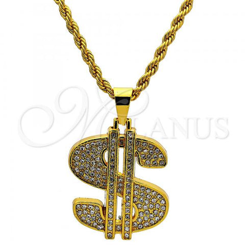 Gold Tone Pendant Necklace, Rope and Money Sign Design, with White Crystal, Polished, Golden Finish, 04.242.0002.30GT