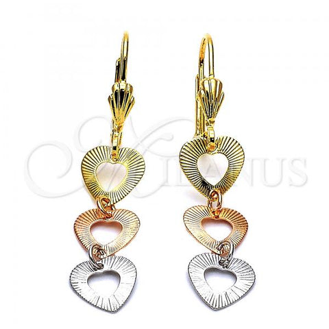 Oro Laminado Long Earring, Gold Filled Style Heart Design, Diamond Cutting Finish, Tricolor, 02.63.2274