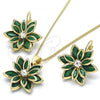 Oro Laminado Earring and Pendant Adult Set, Gold Filled Style Flower Design, with Green and White Cubic Zirconia, Polished, Golden Finish, 10.64.0157.3