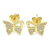 Oro Laminado Stud Earring, Gold Filled Style Butterfly Design, with White Micro Pave, Polished, Golden Finish, 02.156.0456