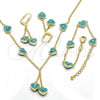 Oro Laminado Earring and Pendant Children Set, Gold Filled Style Heart Design, with White Crystal, Turquoise Enamel Finish, Golden Finish, 06.60.0003