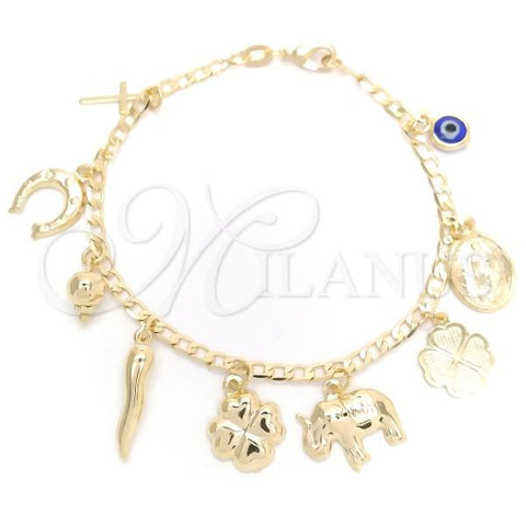 Oro Laminado Charm Bracelet, Gold Filled Style Evil Eye and Elephant Design, Polished, Golden Finish, 03.58.0067.07