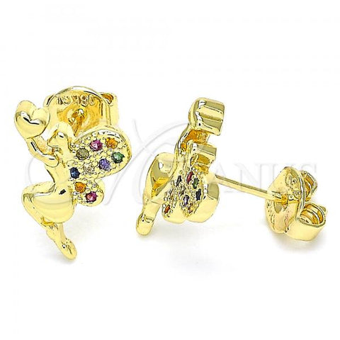 Oro Laminado Stud Earring, Gold Filled Style Angel and Heart Design, with Multicolor Micro Pave, Polished, Golden Finish, 02.156.0462.3