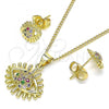Oro Laminado Earring and Pendant Adult Set, Gold Filled Style Evil Eye Design, with Multicolor Micro Pave, Polished, Golden Finish, 10.156.0336.1