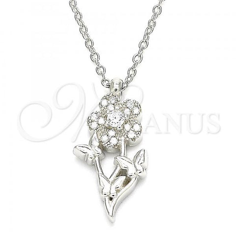 Sterling Silver Pendant Necklace, Flower and Butterfly Design, with White Cubic Zirconia, Polished, Rhodium Finish, 04.336.0200.16