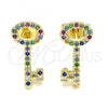 Oro Laminado Stud Earring, Gold Filled Style key Design, with Multicolor Micro Pave, Polished, Golden Finish, 02.344.0066.2