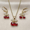 Oro Laminado Earring and Pendant Adult Set, Gold Filled Style Cherry Design, with Garnet Cubic Zirconia and White Micro Pave, Polished, Golden Finish, 10.210.0185