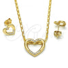 Oro Laminado Earring and Pendant Adult Set, Gold Filled Style Heart Design, with White Micro Pave, Polished, Golden Finish, 10.156.0146