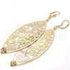 Oro Laminado Dangle Earring, Gold Filled Style Leaf and Dragon-Fly Design, with White Crystal, Diamond Cutting Finish, Golden Finish, 68.003
