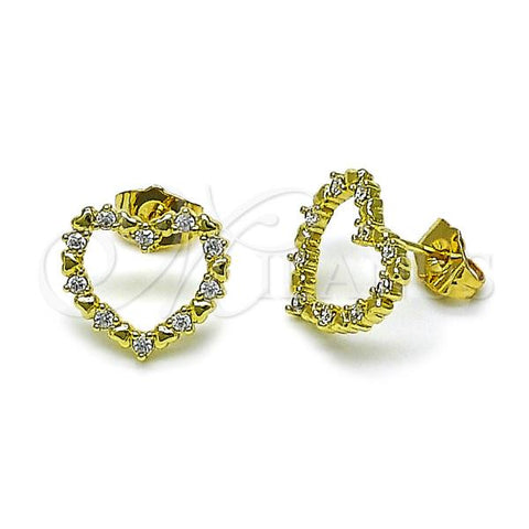 Oro Laminado Stud Earring, Gold Filled Style Heart Design, with White Cubic Zirconia, Polished, Golden Finish, 02.156.0701