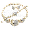 Oro Laminado Necklace, Bracelet and Earring, Gold Filled Style Hugs and Kisses and Heart Design, with White Crystal, Polished, Golden Finish, 06.372.0021