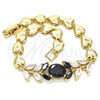 Oro Laminado Fancy Bracelet, Gold Filled Style Leaf and Heart Design, with Black and White Cubic Zirconia, Polished, Golden Finish, 03.210.0114.07