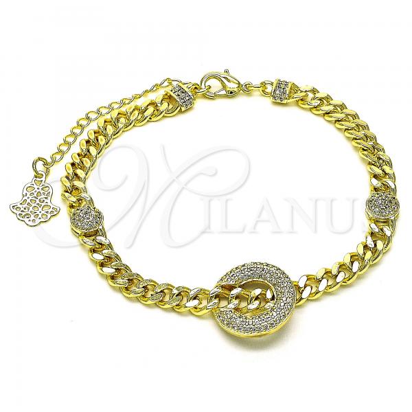 Oro Laminado Fancy Bracelet, Gold Filled Style Miami Cuban and Lock Design, with White Micro Pave, Polished, Golden Finish, 03.403.0001.07