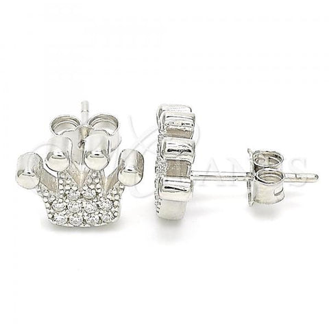 Sterling Silver Stud Earring, Crown Design, with White Cubic Zirconia, Polished, Rhodium Finish, 02.336.0173