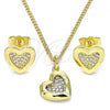 Oro Laminado Earring and Pendant Adult Set, Gold Filled Style Heart Design, with White Micro Pave, Polished, Golden Finish, 10.199.0155