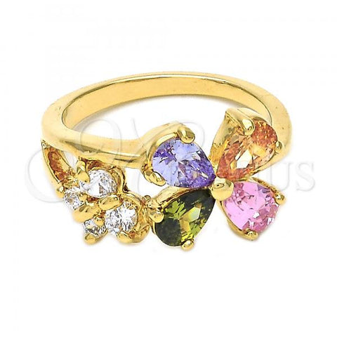 Oro Laminado Multi Stone Ring, Gold Filled Style Flower and Butterfly Design, with Multicolor and White Cubic Zirconia, Polished, Golden Finish, 5.172.011.07 (Size 7)
