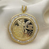 Oro Laminado Religious Pendant, Gold Filled Style Centenario Coin and Angel Design, with White Cubic Zirconia, Polished, Golden Finish, 05.253.0108